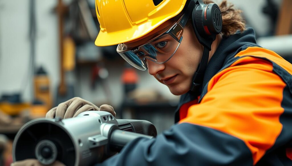Image of a person wearing safety gear while operating an angle grinder