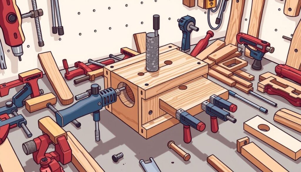 Image of a pocket-hole jig with various clamps and tools