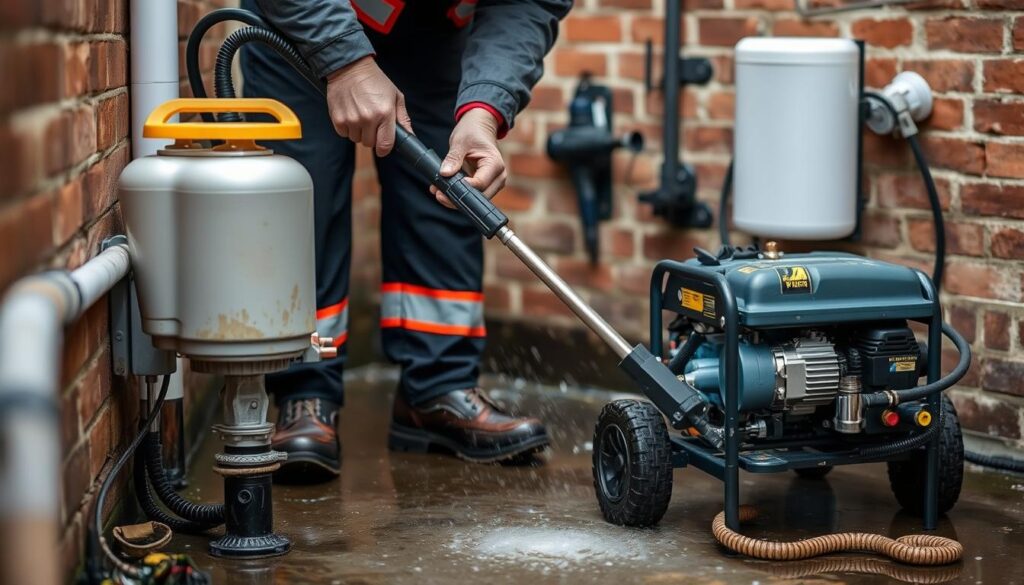 Image of a professional drain unblocking service technician using high-pressure water jetting equipment.