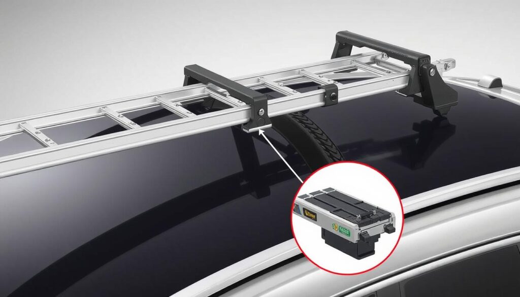 Image of a roof rack security system clamping a ladder