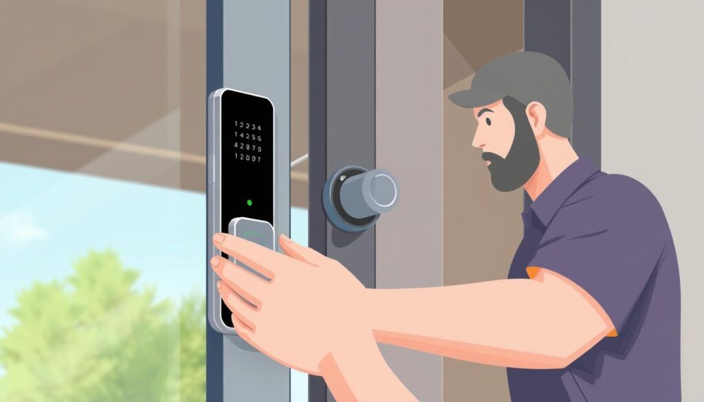 Image of a smart lock being installed on a sliding glass door