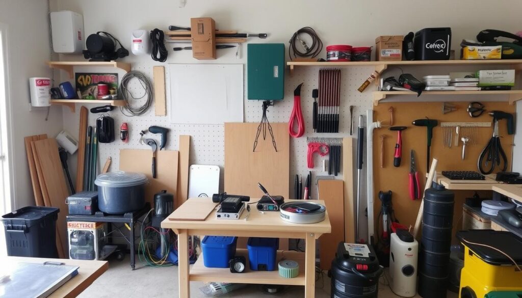 Image of a well-organised workshop with various materials for building a DIY battery charging station