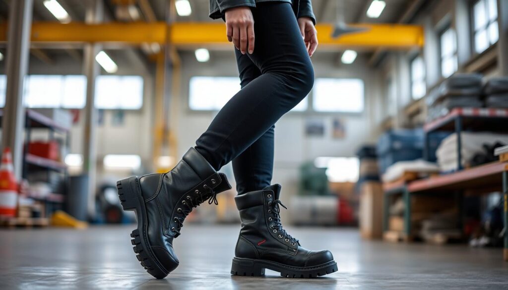 Image of a woman wearing safety boots in a workplace setting