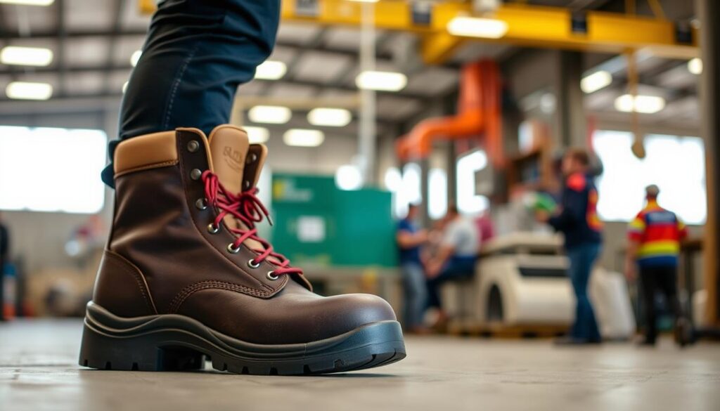 Image of a worker wearing composite toe safety boots in a workplace setting