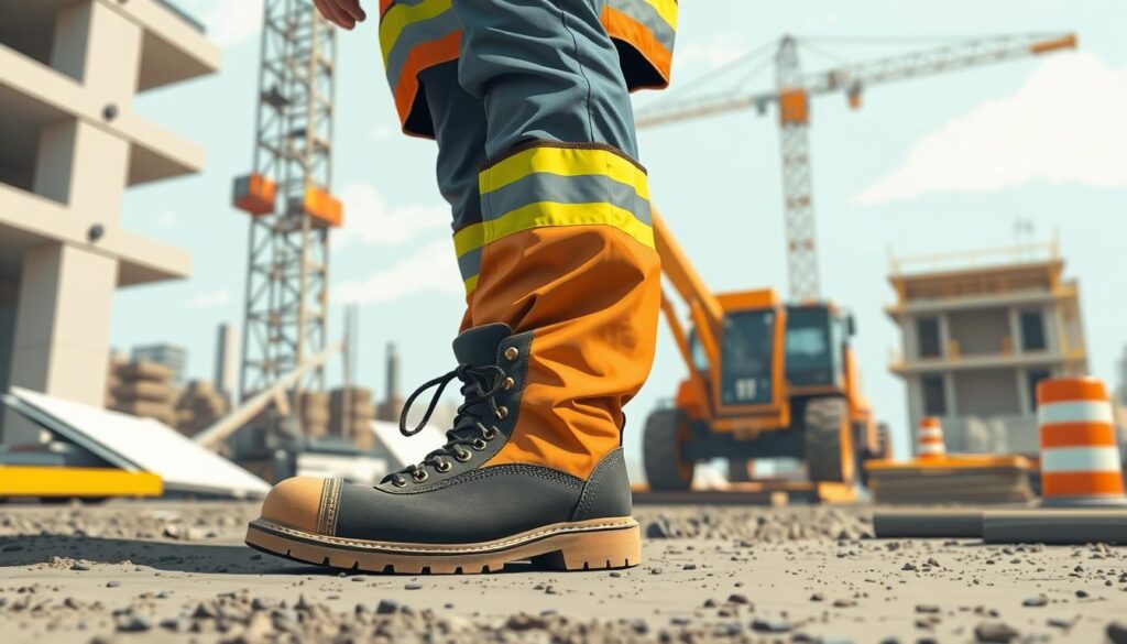 Image of a worker wearing steel toe cap boots in a construction site