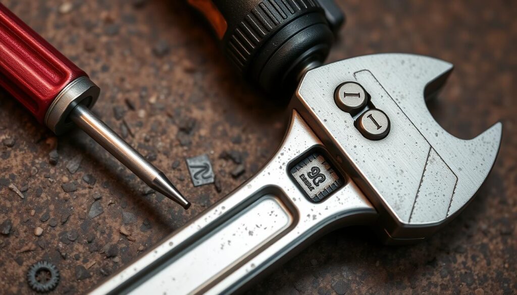 Image of an adjustable wrench and a screwdriver