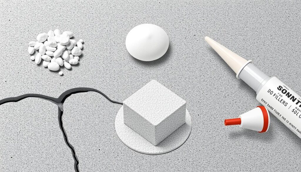 Image of different types of filler materials, such as epoxy-based fillers and polyurethane sealants, used for concrete crack repairs.