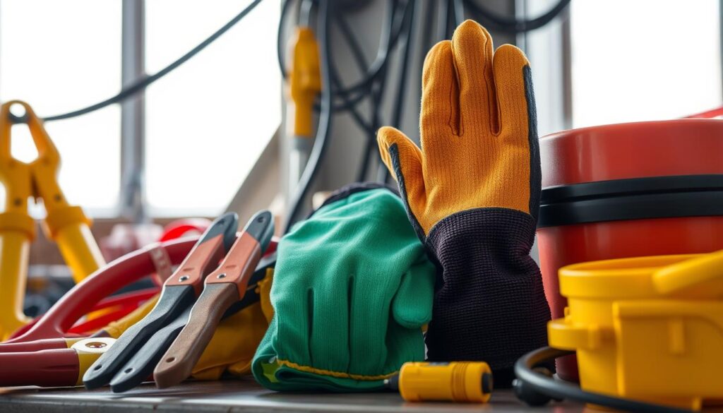 Image of electrical safety equipment, including insulated tools and insulating gloves
