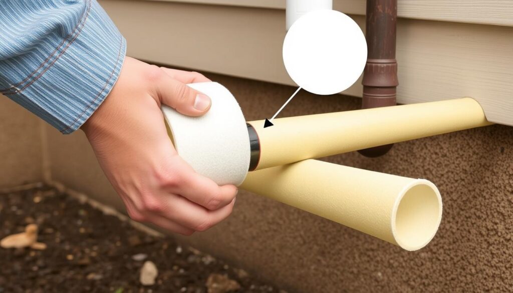 Image of foam pipe insulation sleeves being fitted around exposed outdoor pipes