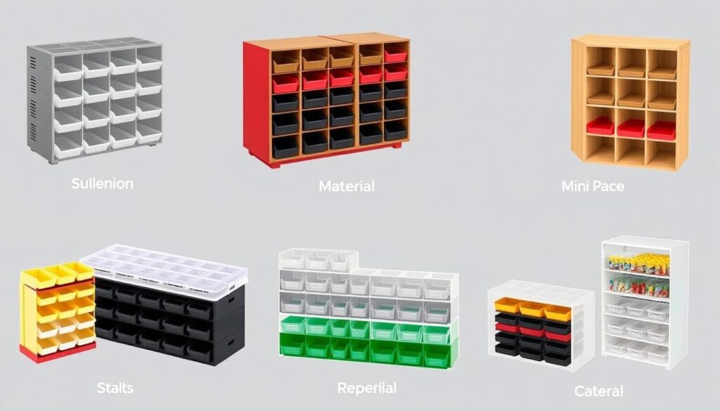 Image of various mini parts-bin organiser systems available in the UK market