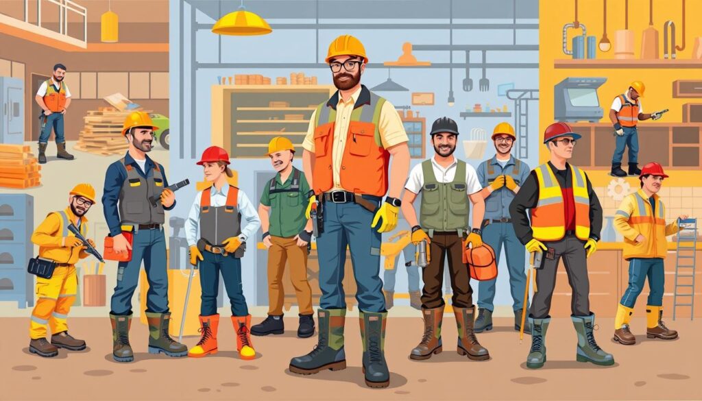 Image of various tradespeople wearing safety boots in different environments