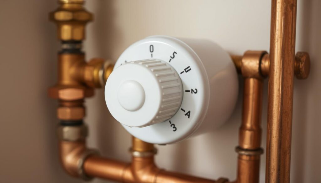 Immersion-heater thermostat replacement: a close-up view of a white plastic thermostat housing with a large knob and temperature dial, set against a neutral background. The thermostat is nestled among copper pipes and fittings, reflecting the utilitarian nature of the device within a plumbing system. Soft lighting illuminates the scene, casting gentle shadows and highlights to emphasize the mechanical details. The overall composition conveys a sense of functionality and technical precision, suitable for guiding a homeowner through the replacement process.