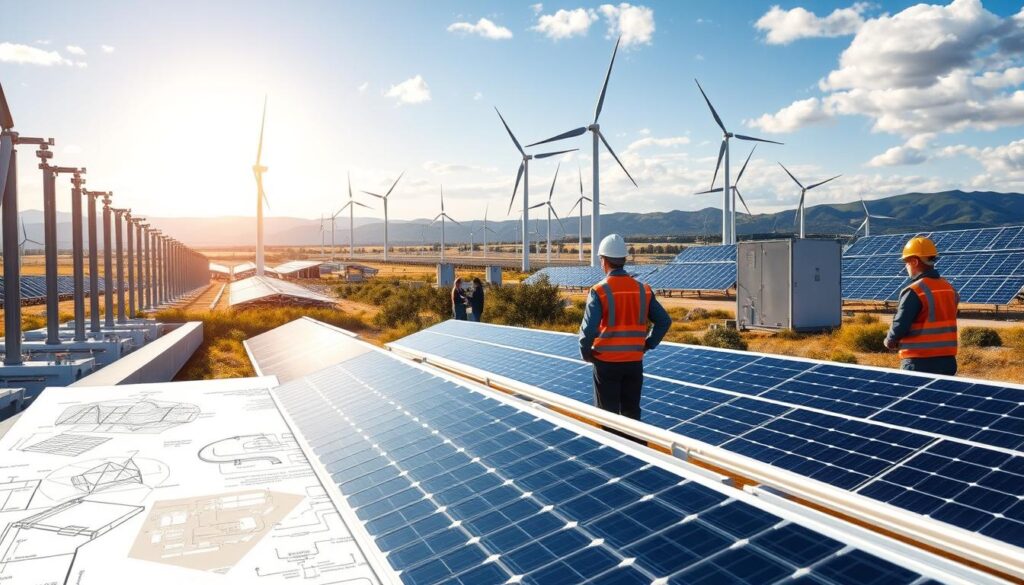 Renewable energy installation guarantees: a sleek, modern landscape showcasing the latest solar panels, wind turbines, and energy storage solutions. The foreground features carefully curated technical diagrams and certification seals, highlighting the rigorous quality standards and professional expertise behind these renewable installations. The middle ground depicts a team of technicians in hard hats, conducting thorough inspections and making precise adjustments to ensure optimal performance. In the background, a panoramic view of a bustling renewable energy facility, with towering turbines and gleaming solar arrays set against a vibrant, sun-dappled sky. The overall atmosphere conveys a sense of reliability, innovation, and a steadfast commitment to sustainable energy solutions.