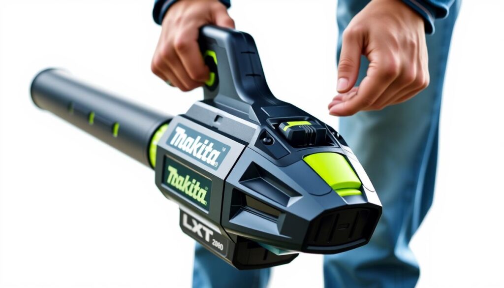 a high-quality, detailed, and realistic image of a Makita LXT cordless leaf blower held in a person's hands, showcasing its ergonomic design and ease of use. The blower is shown in the foreground, with a clean and bright background that highlights its sleek black and neon green color scheme. The image is captured from a low angle, giving a sense of power and efficiency. The lighting is natural and well-balanced, casting subtle shadows that accentuate the blower's contours and features. The person's hands are visible, demonstrating the comfortable grip and intuitive controls of the Makita LXT blower, conveying a sense of user-friendliness and effortless operation.
