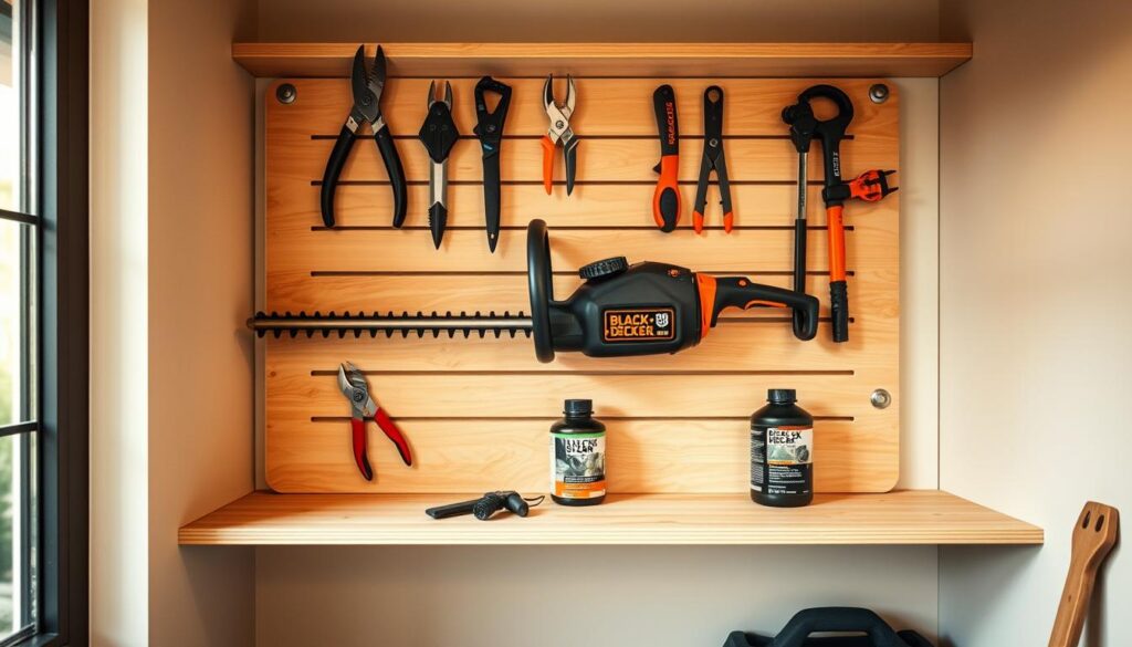 a neatly organized storage space for a black+decker hedge trimmer, with the tool placed on a clean wooden shelf or pegboard, surrounded by other maintenance tools like pruning shears, gloves, and a can of lubricating oil. the room is well-lit, either by natural light from a window or warm artificial lighting, creating a calm and organized atmosphere. the background is a simple, neutral-colored wall, allowing the hedge trimmer and its accessories to be the focal point of the image.