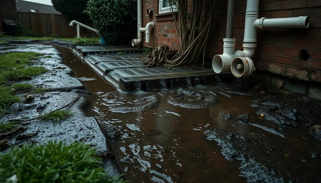drainage issues in a residential property, water pooling on the ground, clogged gutters and downspouts, damaged or cracked pipes, overgrown vegetation obstructing drains, muddy and uneven terrain, a run-down, neglected appearance, dim natural lighting, a gloomy, damp atmosphere, a close-up view highlighting the various drainage problems, shot from a low angle to emphasize the scale of the issues, a neutral, documentary-style perspective to convey the factual nature of the subject